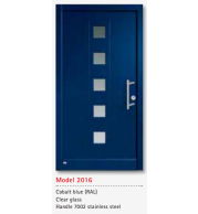 UNILUX Model 2016 Cobalt Blue JuniorLine Door, Clear Glass, Stainless Handle, Classic Custom Timber Entry